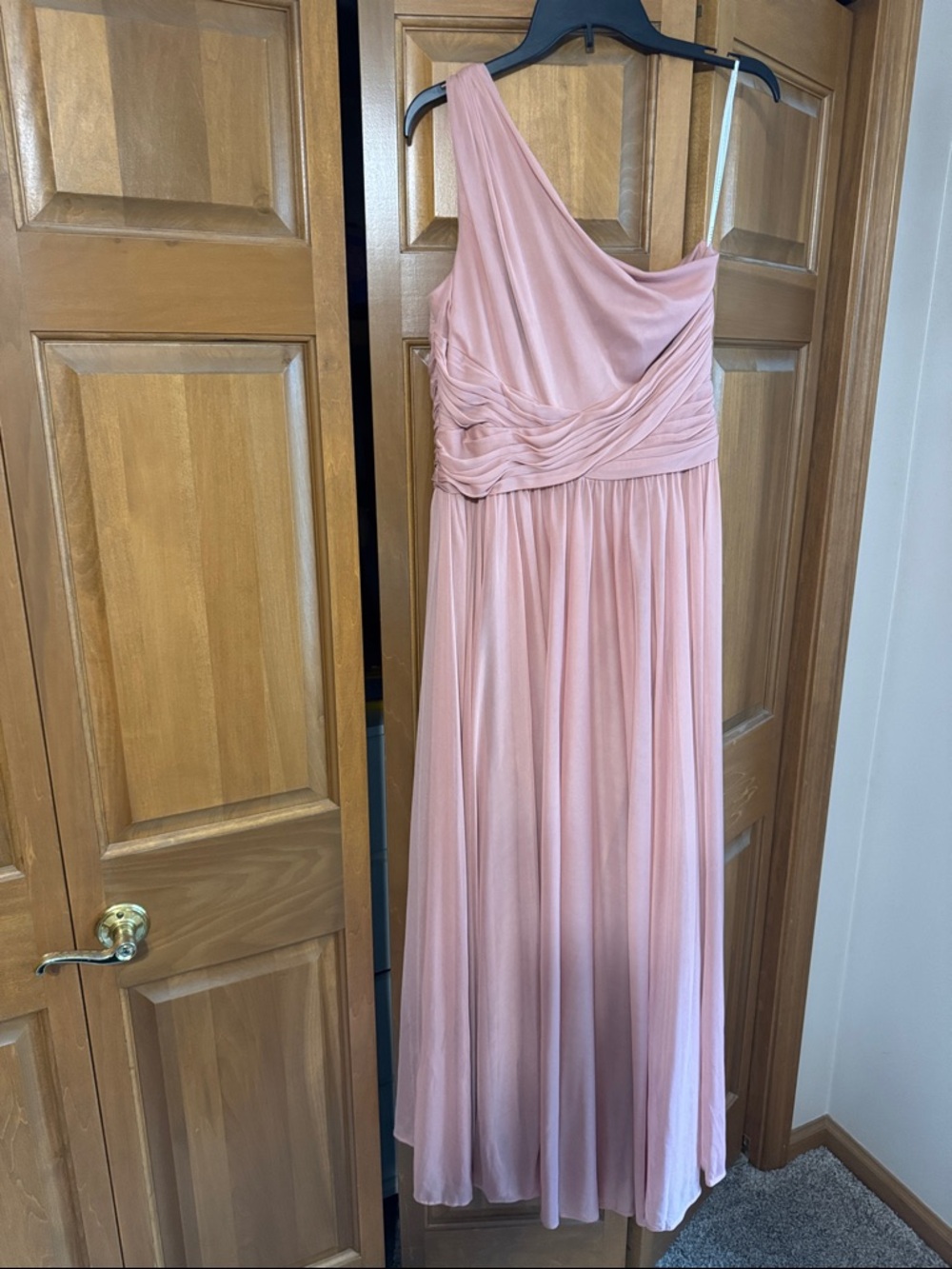 David's Bridal One-Shoulder Blush Pink Chiffon Bridesmaid Dress